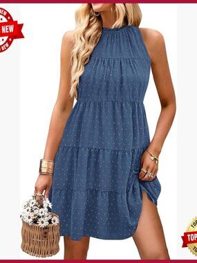 Halter Babydoll Sundress Flowy Pleated Tiered Mini Dress for Summer